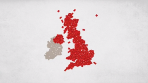 Letters coming together to form a map of the UK